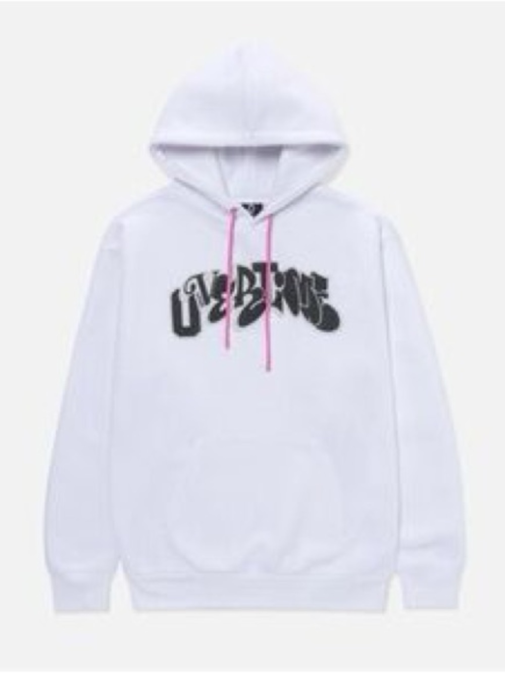 White Graphic Hoodie with Black Logo and Pink Drawstrings